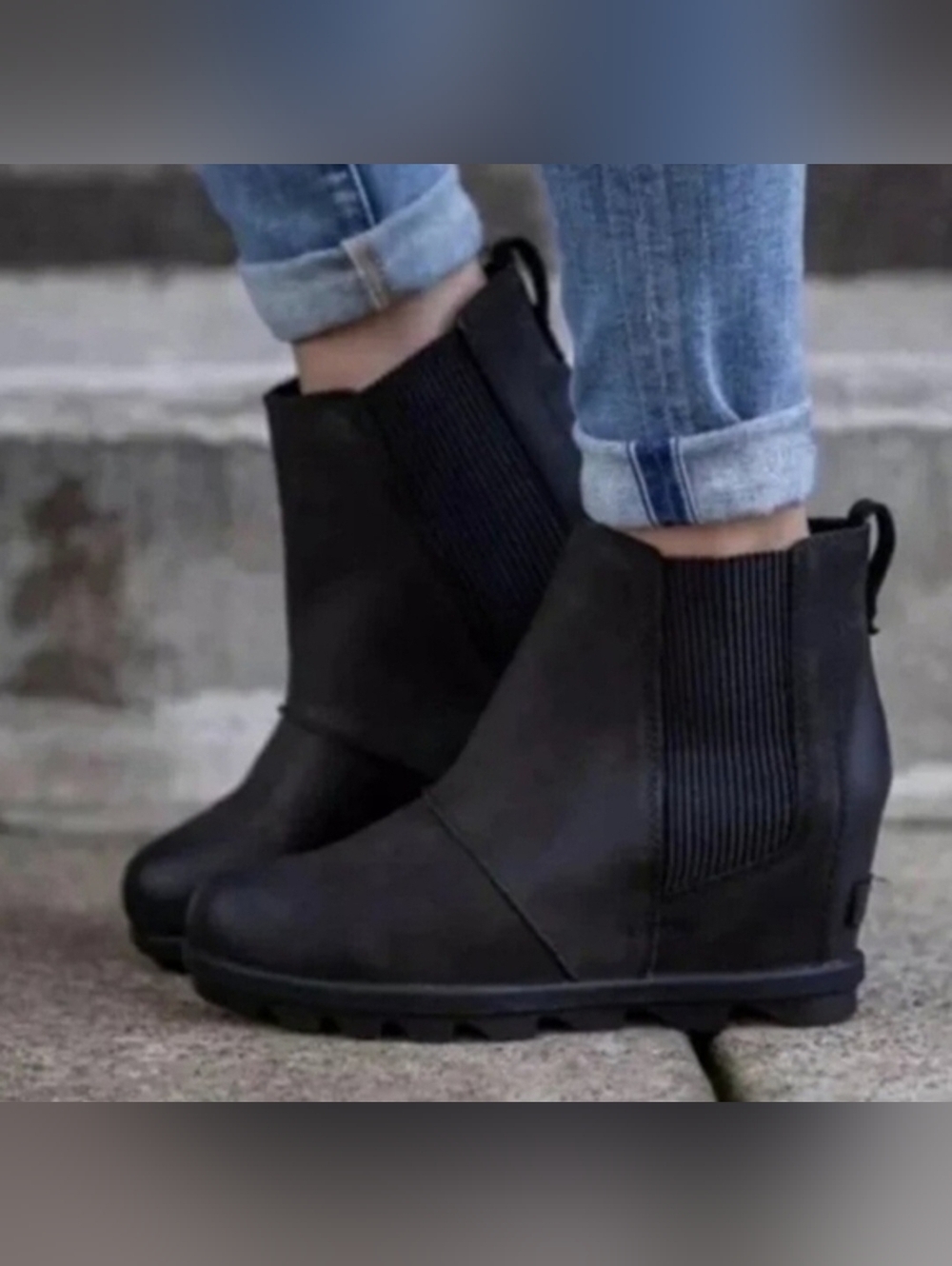 Sorel Joan Of Arctic Wedge II Distressed Black Leather Chelsea Wedge Boots